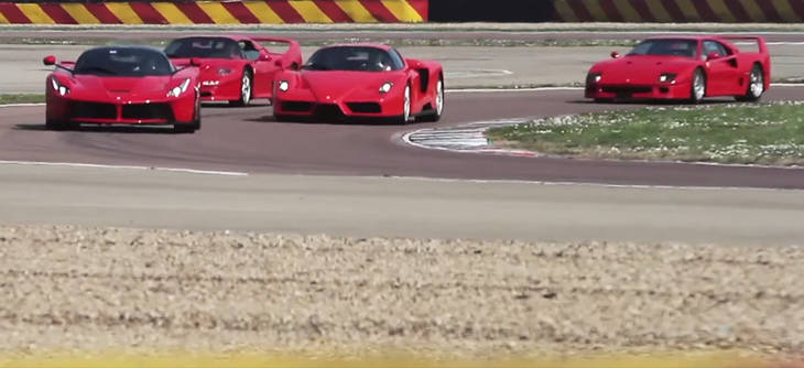 Ferrari F40, F50, Enzo y LaFerrari: juntos en circuito